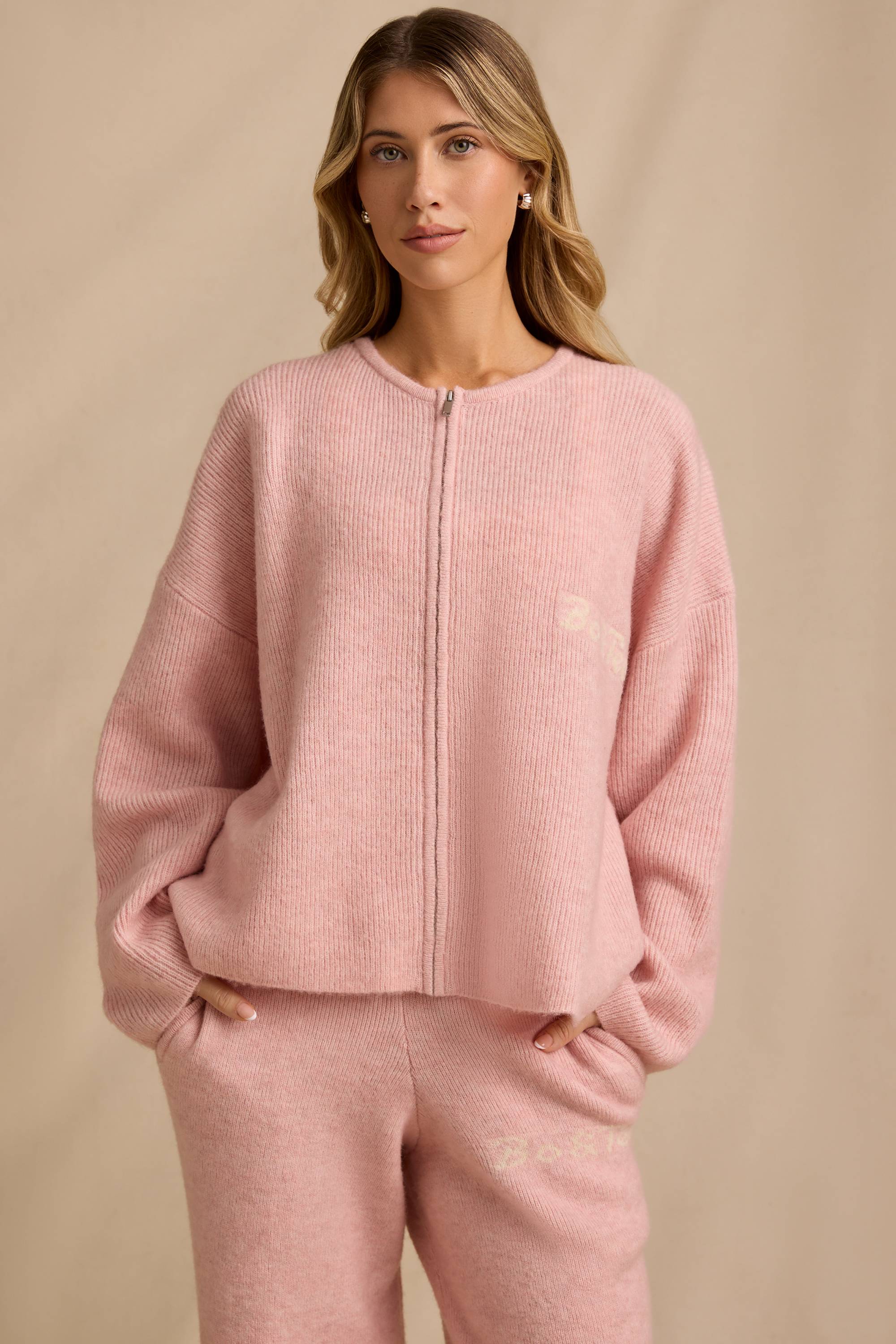 Oversized Zip-Up Cardigan in Blush Pink
