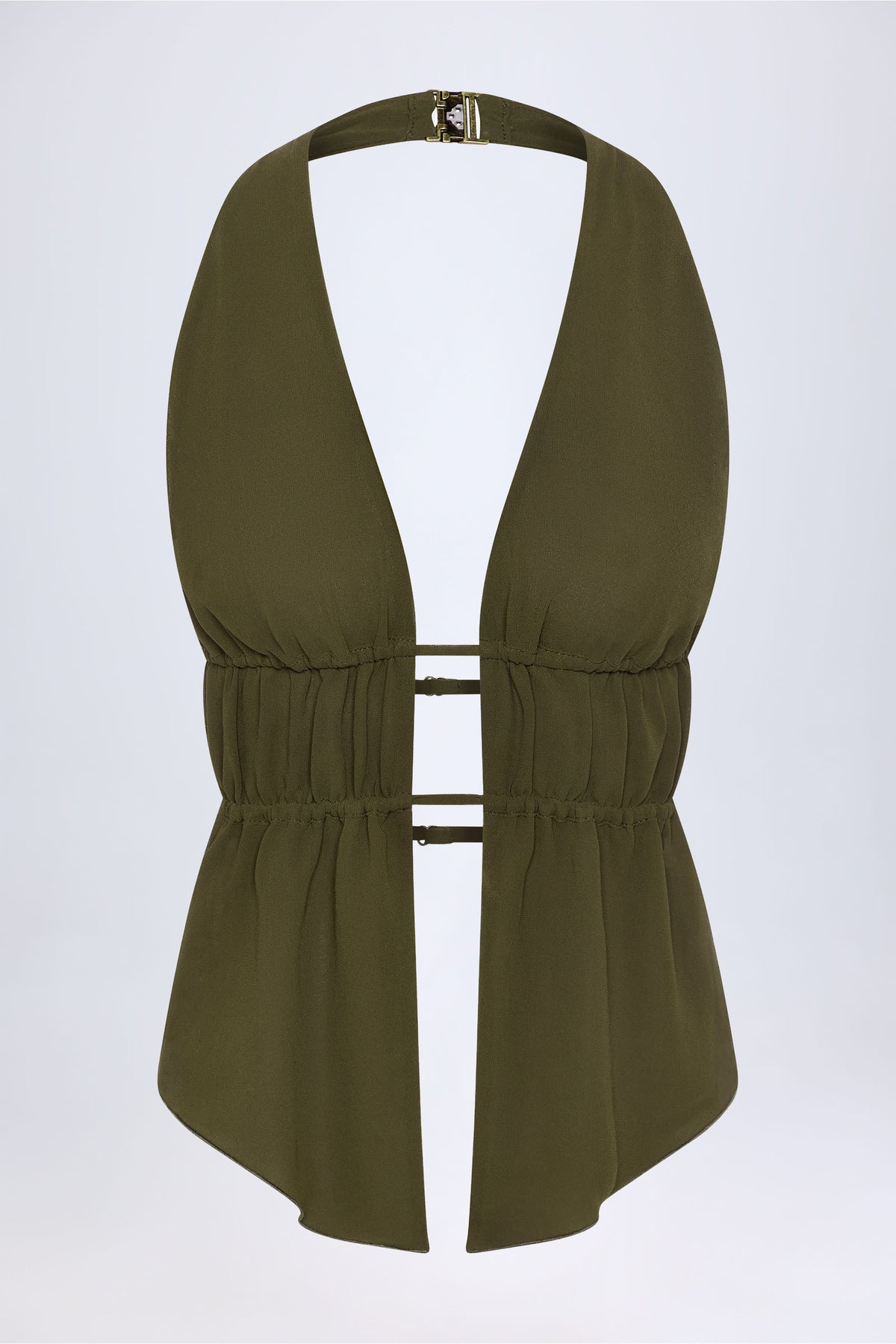 Cut-Out Semi-Sheer Ruched Halterneck Crop Top in Dark Khaki