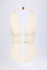 Cut-Out Semi-Sheer Ruched Halterneck Crop Top in Ivory
