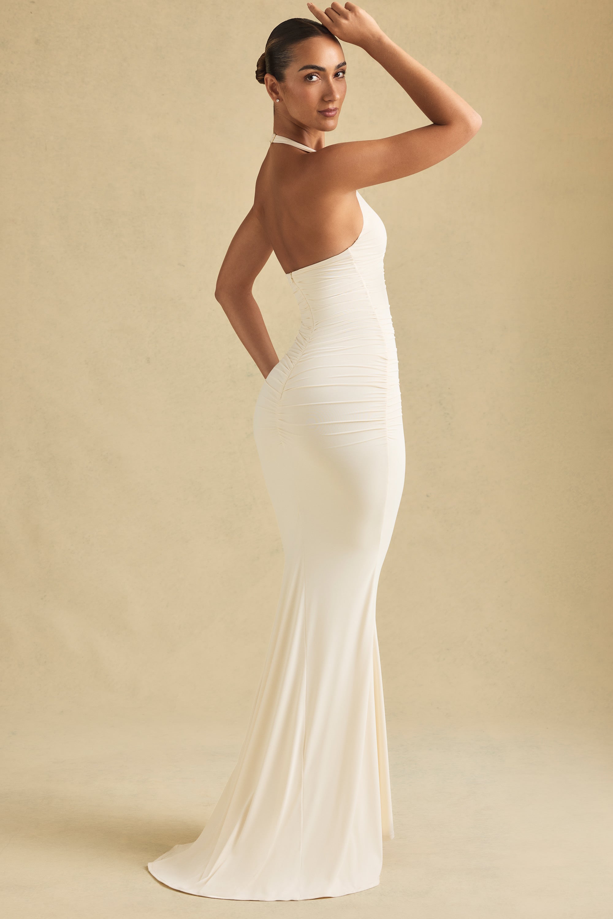 Ruched Backless Halterneck Gown in Ivory
