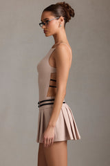 Belted Backless Pleated Mini Dress in Mushroom