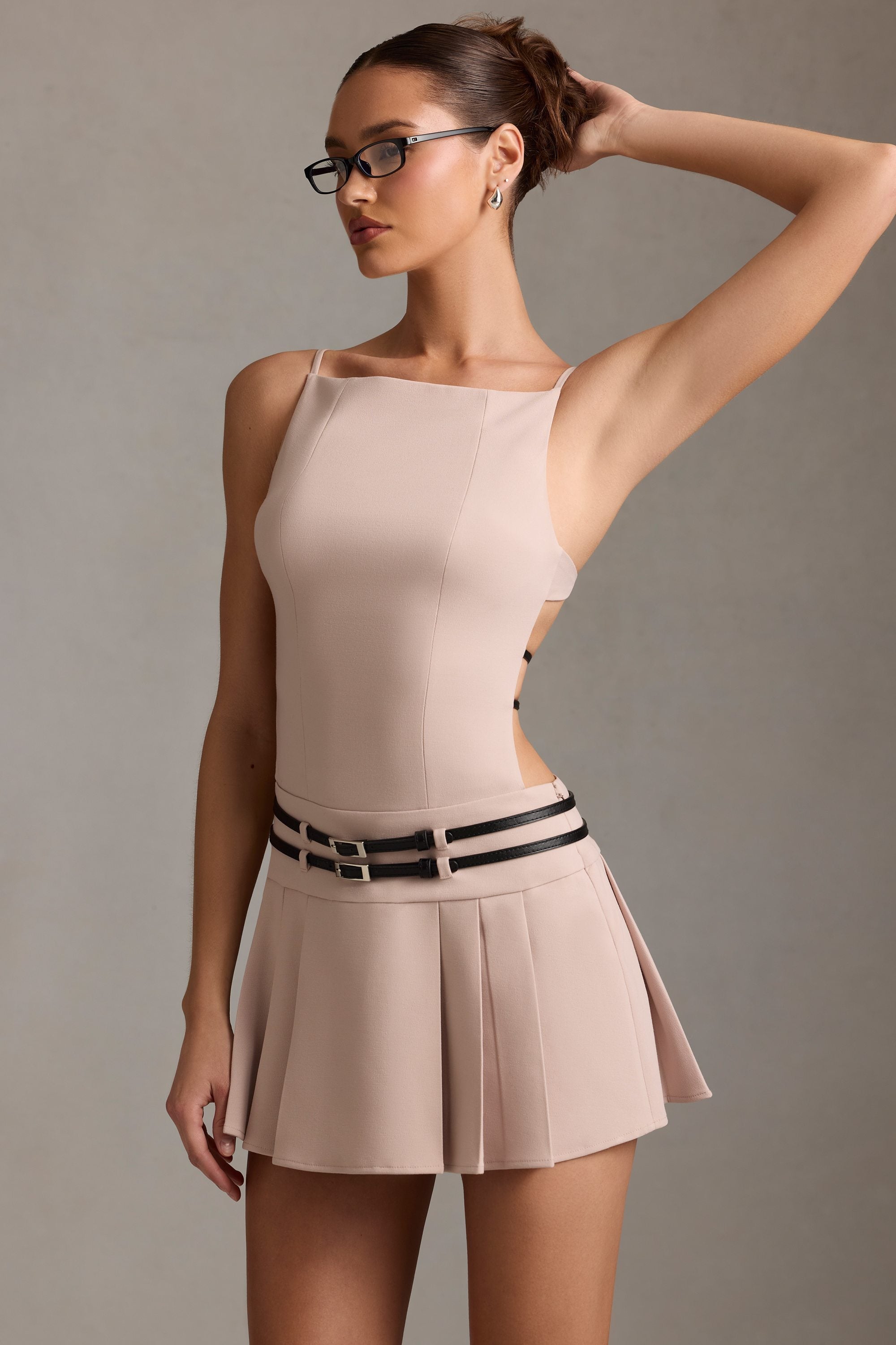 Belted Backless Pleated Mini Dress in Mushroom