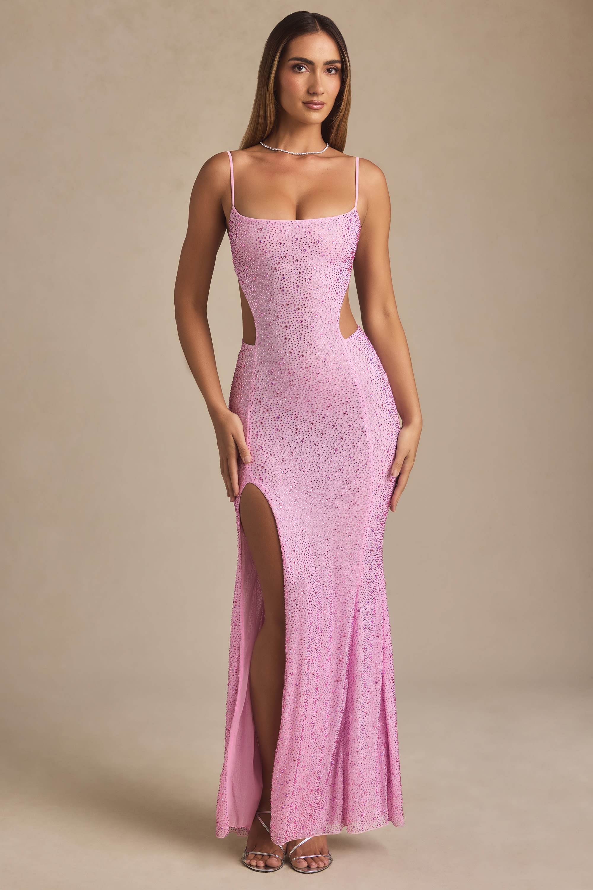 Embellished Cut-Out Fishtail Maxi Dress in Peony Pink