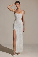 Embellished Cut-Out Fishtail Maxi Dress in White