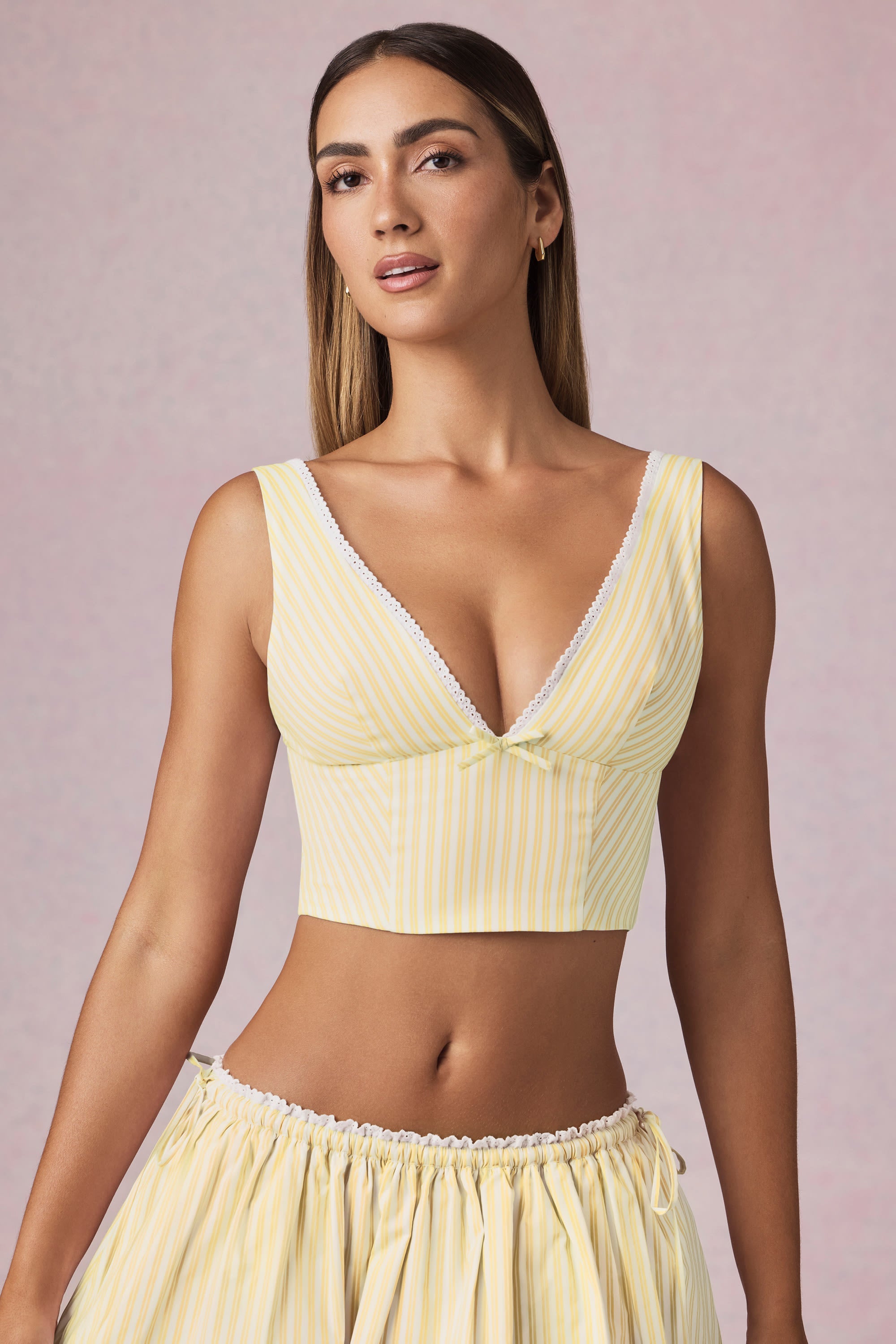 Bow-Detail Crop Top in Lemon Yellow Stripe