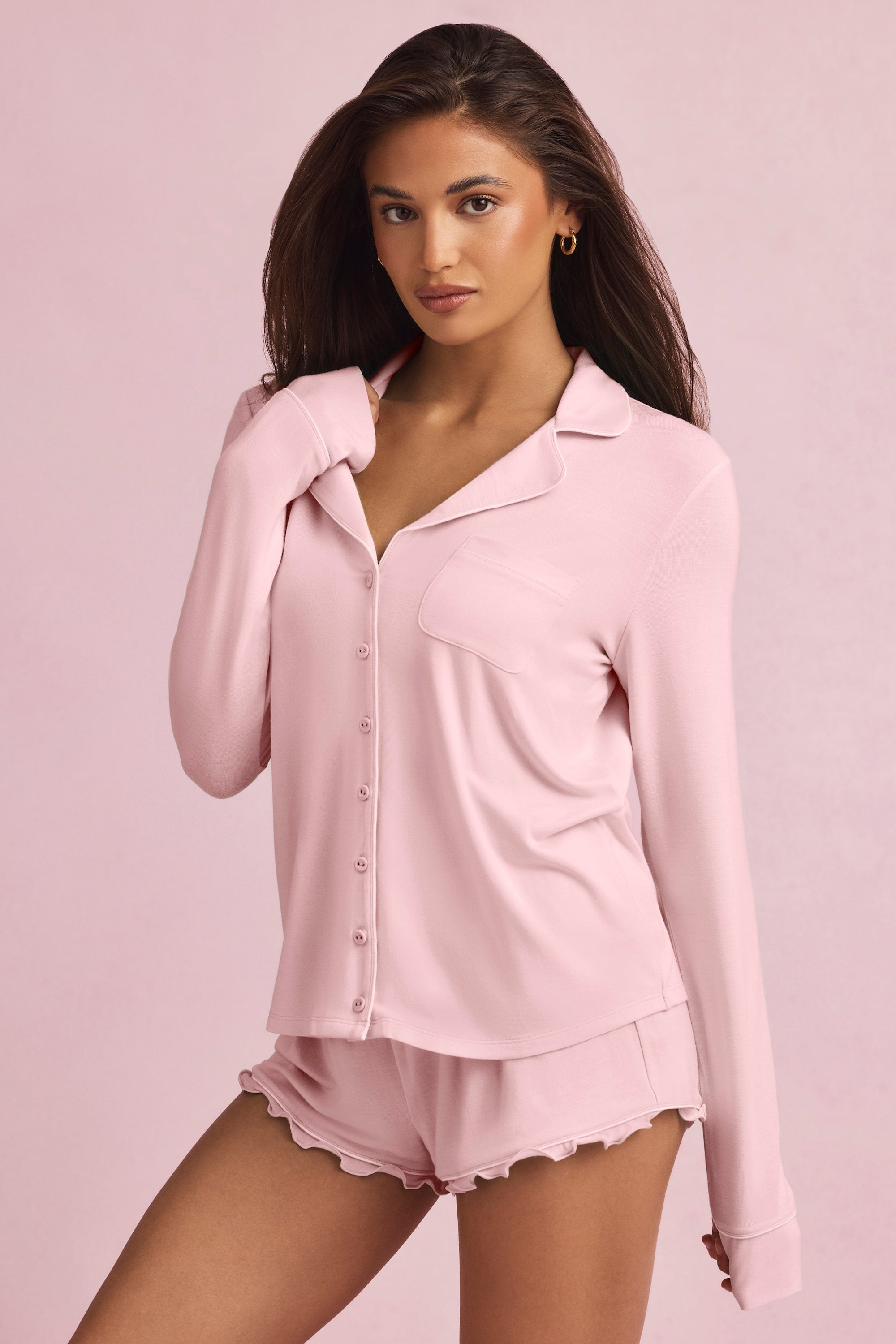 Modal Ruffle-Trim Pyjama Shorts in Baby Pink