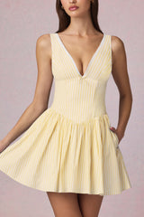 Bow-Detail A-Line Mini Dress in Lemon Yellow Stripe