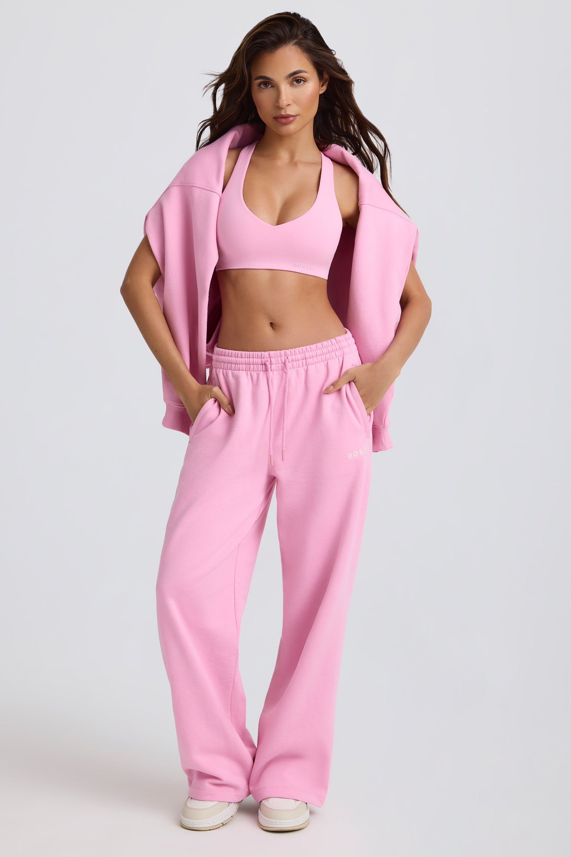 Mid-Rise Wide-Leg Joggers in Baby Pink