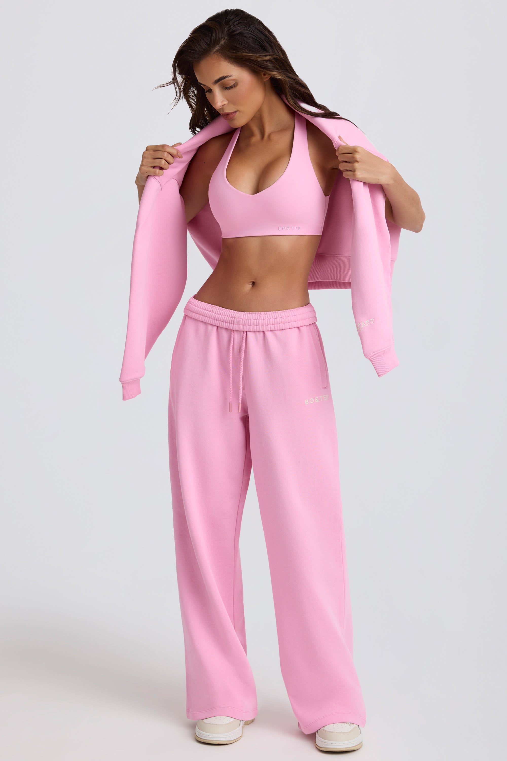 Mid-Rise Wide-Leg Joggers in Baby Pink