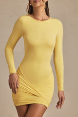 Twist-Front Ruched Backless Mini Dress in Pastel Yellow