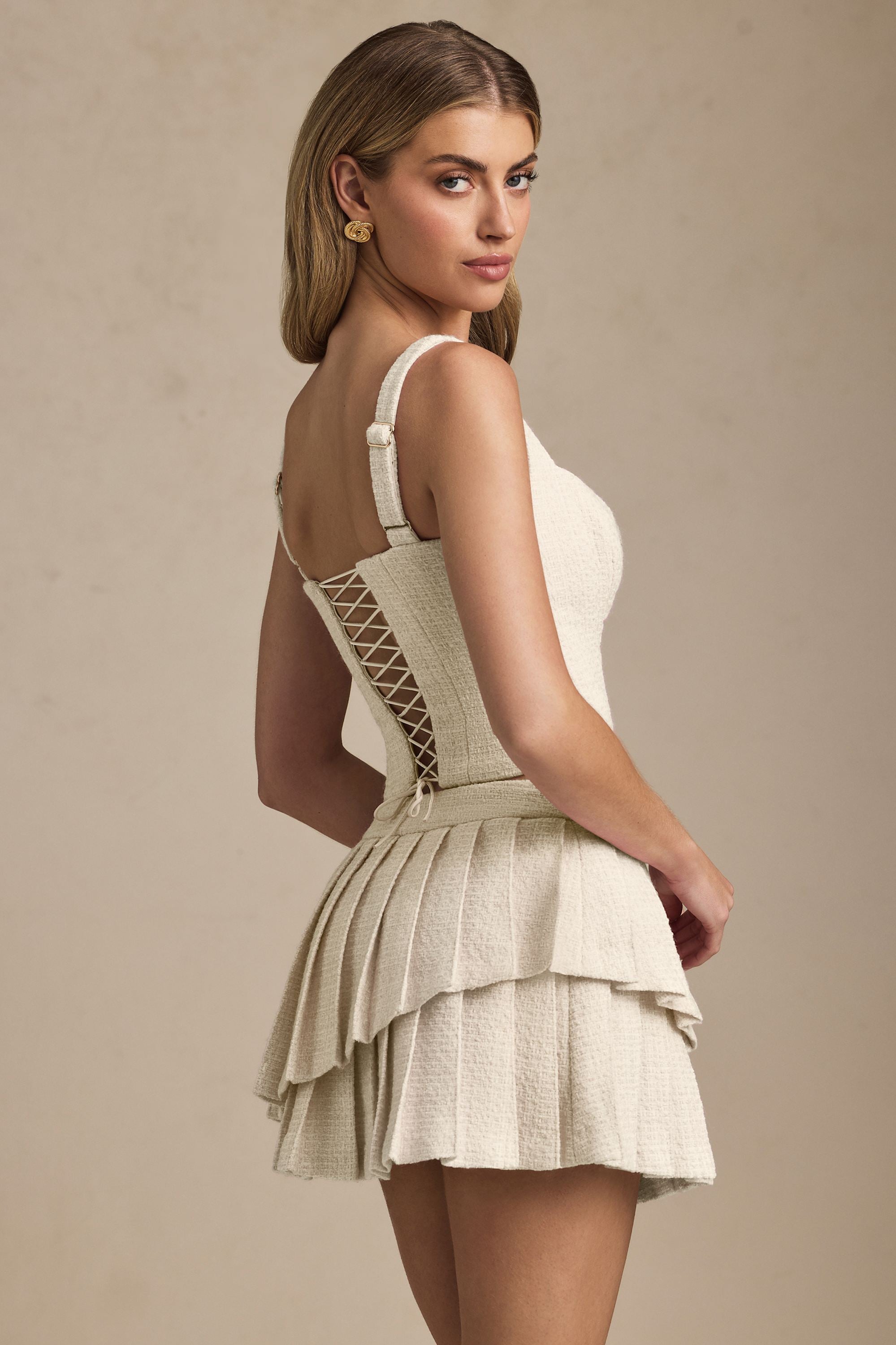 Layered Pleated Low-Rise Mini Skirt in Ivory