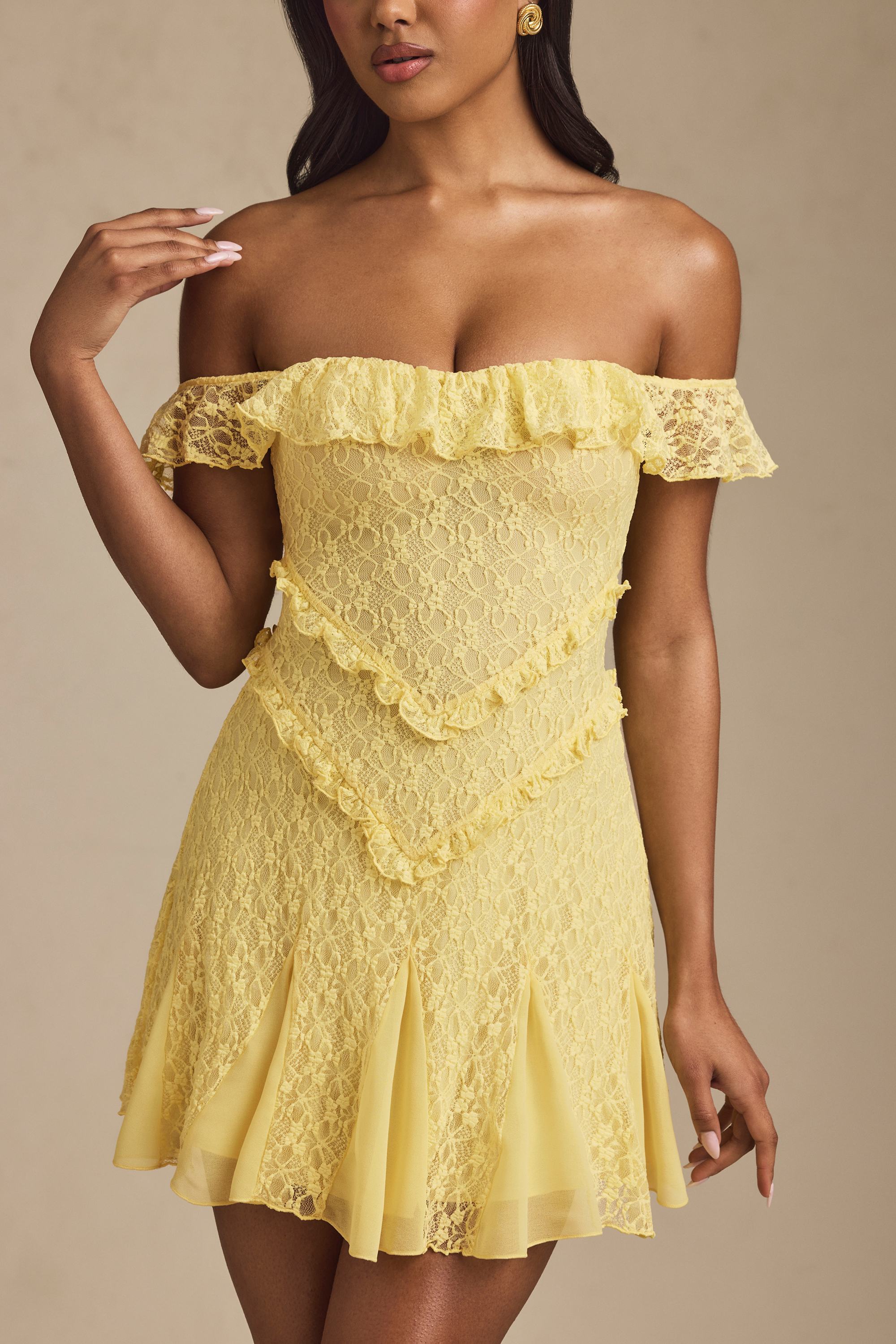 Off-Shoulder Lace A-Line Mini Dress in Pastel Yellow