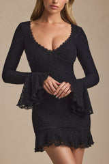 Long-Sleeve Ruffled Lace Mini Dress in Black