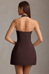 Pinstripe Halterneck Structured A-Line Mini Dress in Chocolate Brown