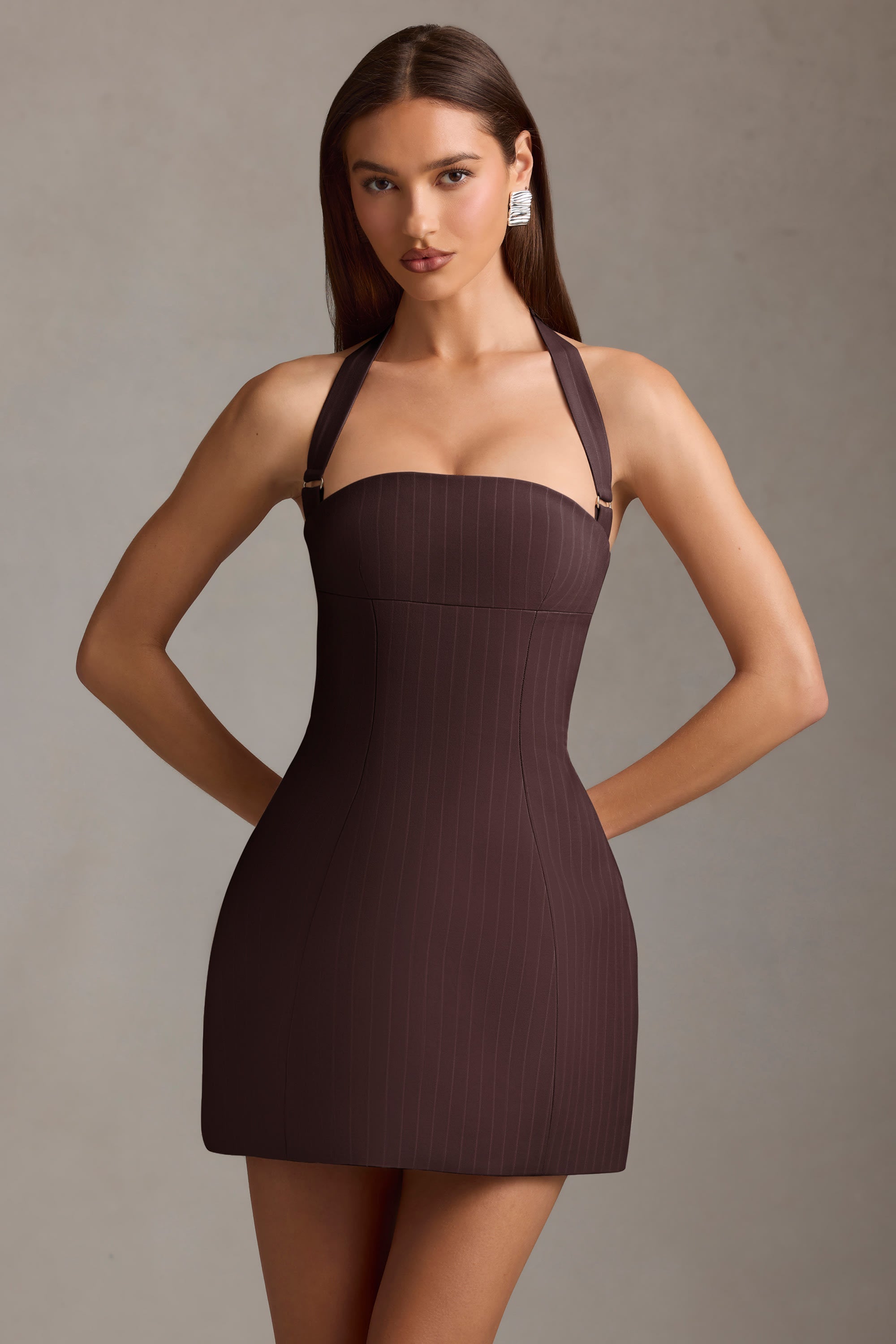 Pinstripe Halterneck Structured A-Line Mini Dress in Chocolate Brown