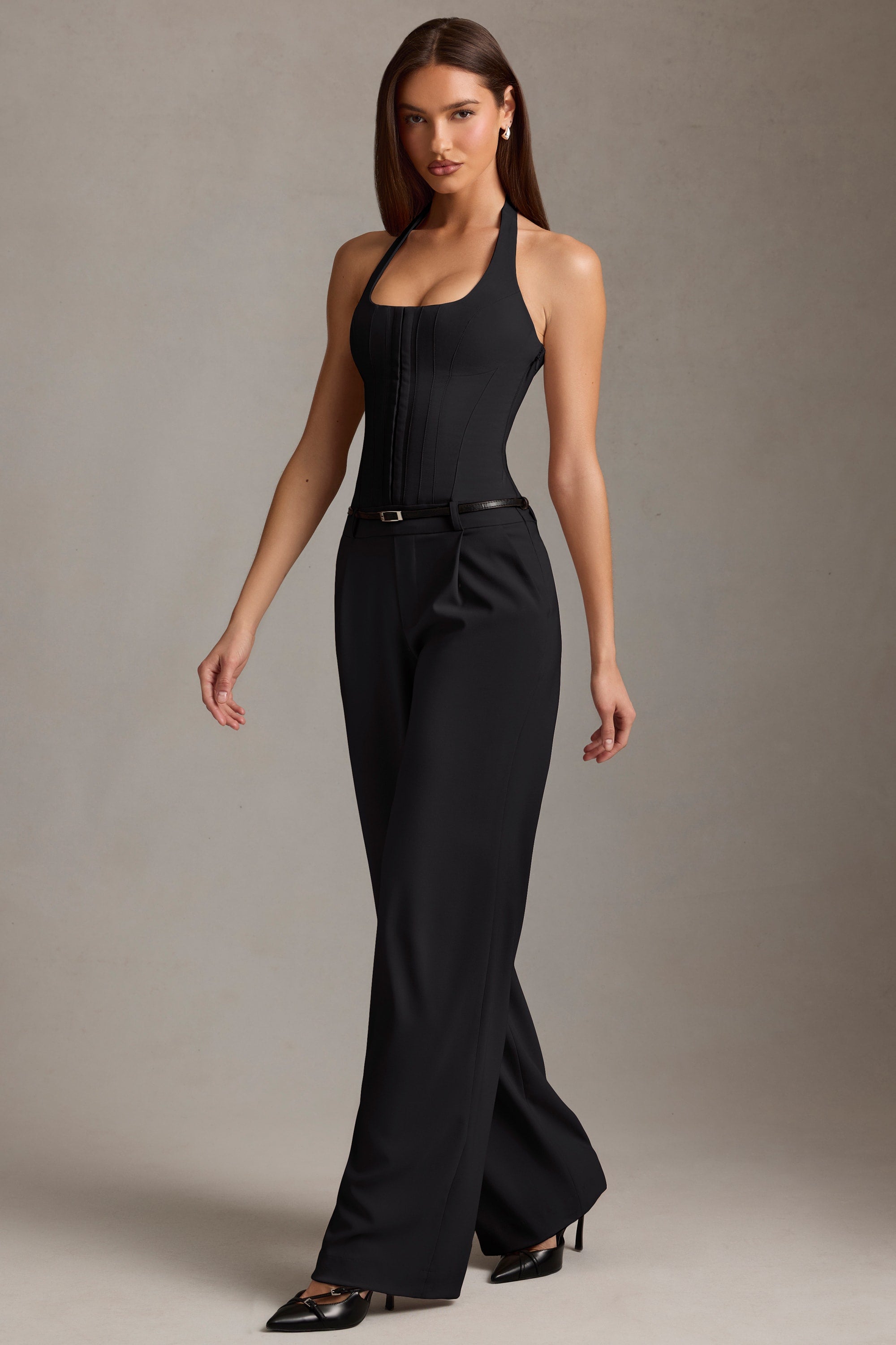 Corset-Detail Halterneck Jumpsuit in Black
