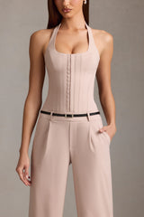 Corset-Detail Halterneck Jumpsuit in Mushroom