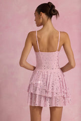 Embellished Ruffled Tiered Mini Dress in Pink