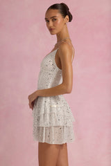 Embellished Ruffled Tiered Mini Dress in White