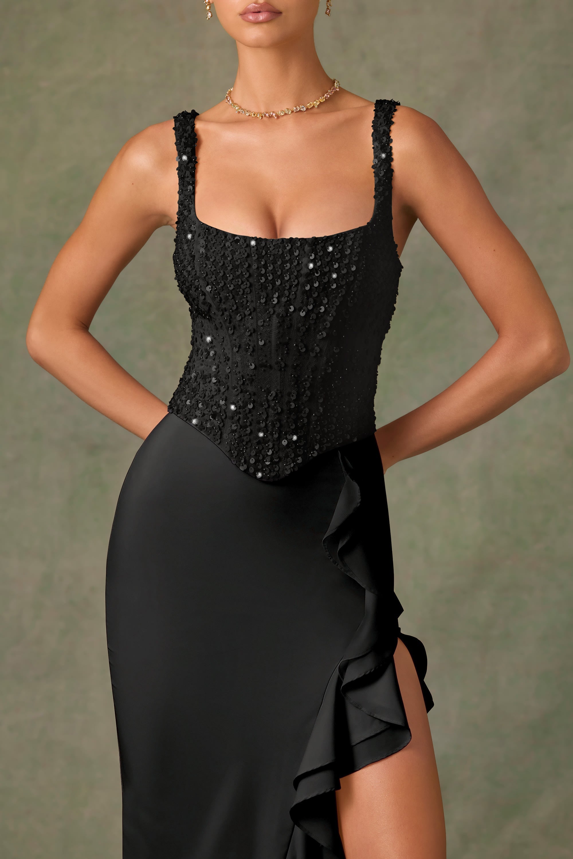 Embellished Ruffle-Trim Corset Gown in Black