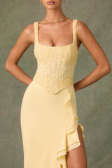 Embellished Ruffle-Trim Corset Gown in Yellow