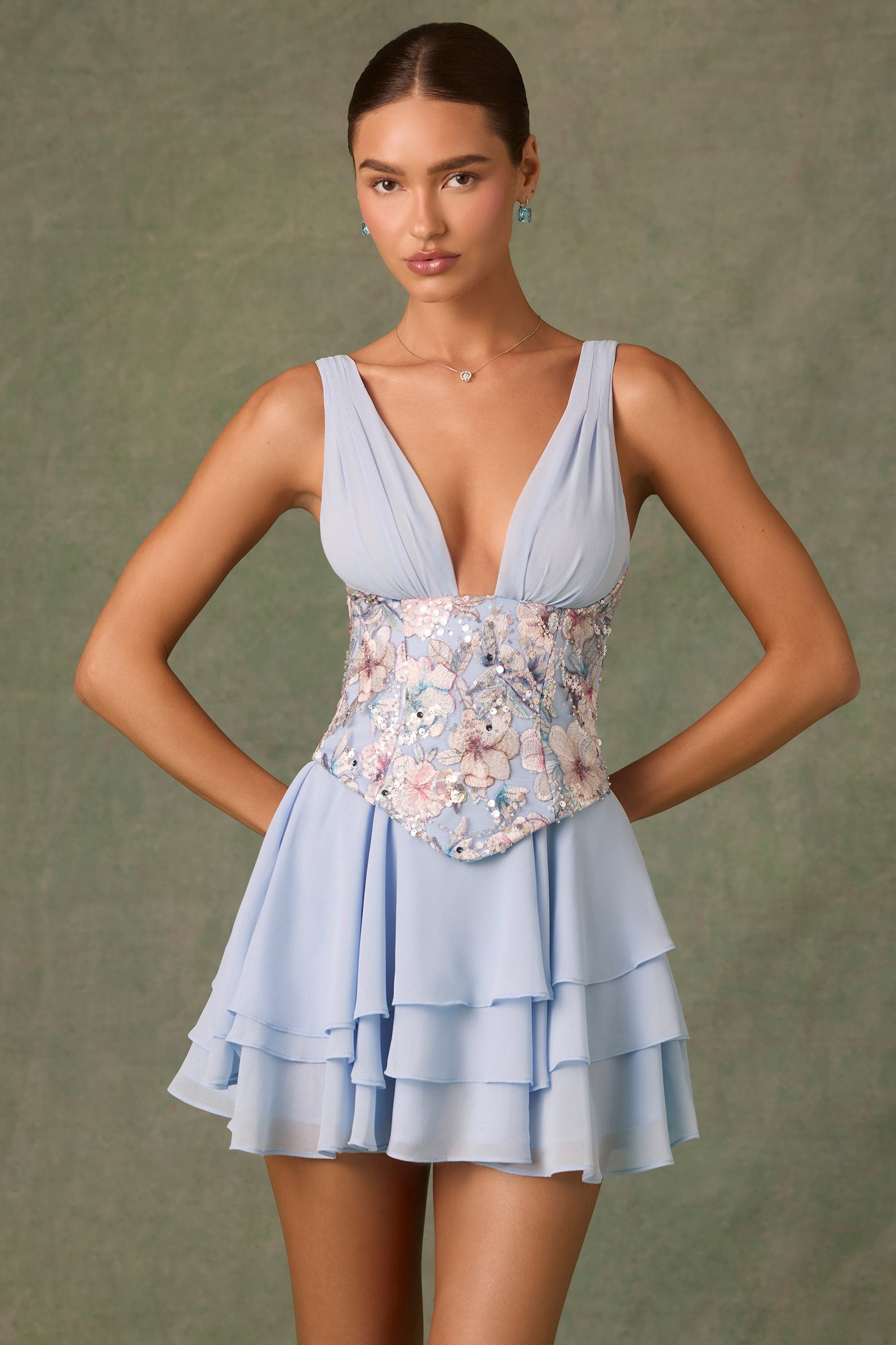 Embellished Ruffled Corset Mini Dress in Floral Blue