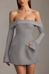 Off-Shoulder Structured A-Line Mini Dress in Grey