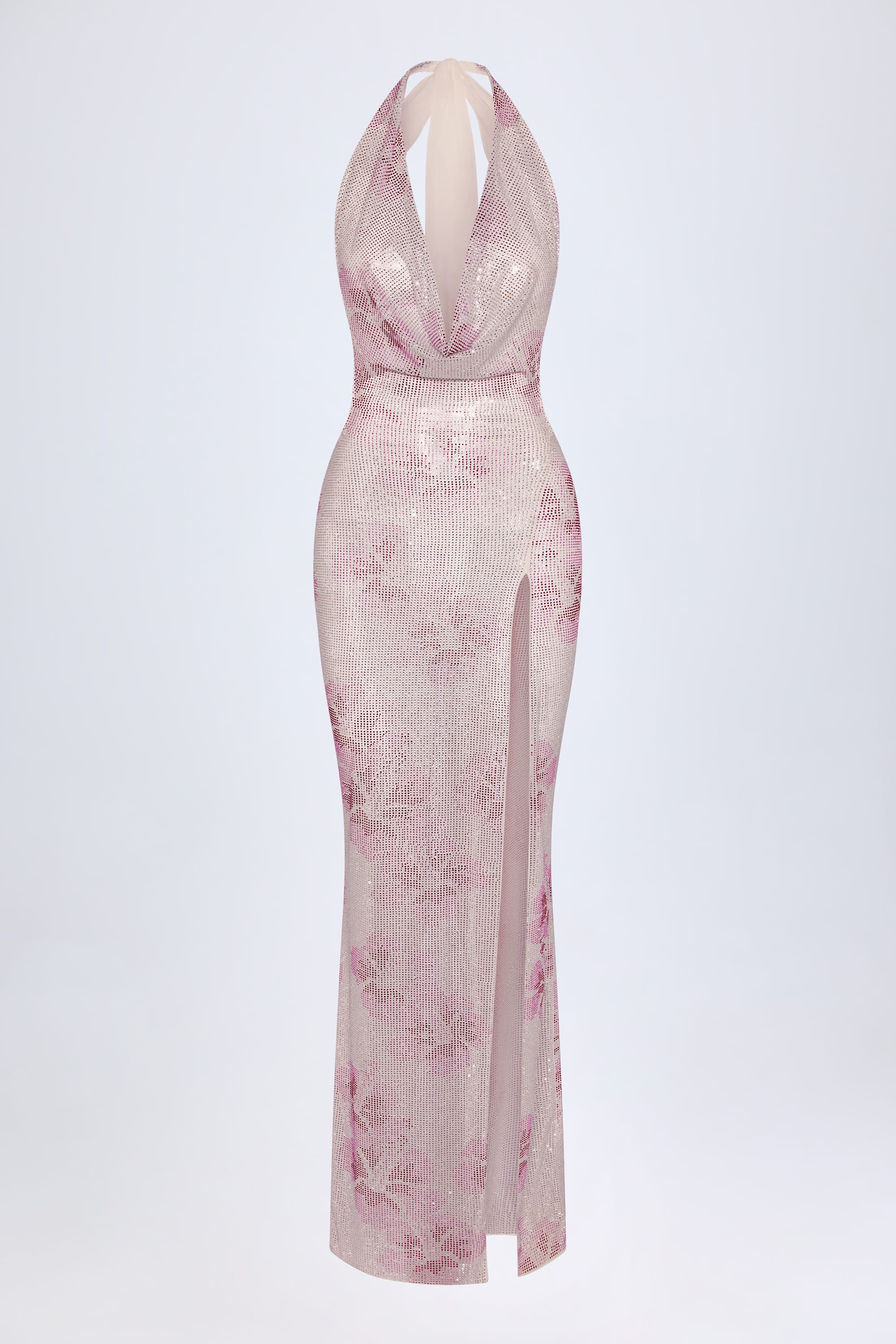 Embellished Cowl-Neck Maxi Dress in Pink and White Hotfix