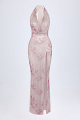 Embellished Cowl-Neck Maxi Dress in Pink and White Hotfix