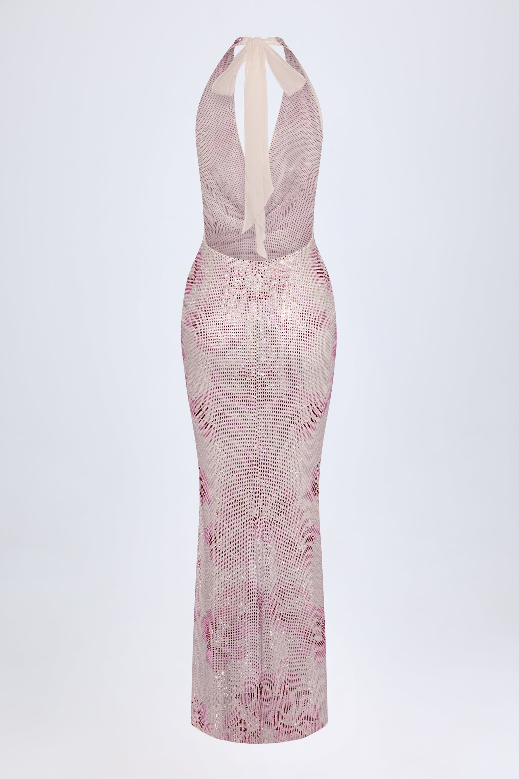 Embellished Cowl-Neck Maxi Dress in Pink and White Hotfix