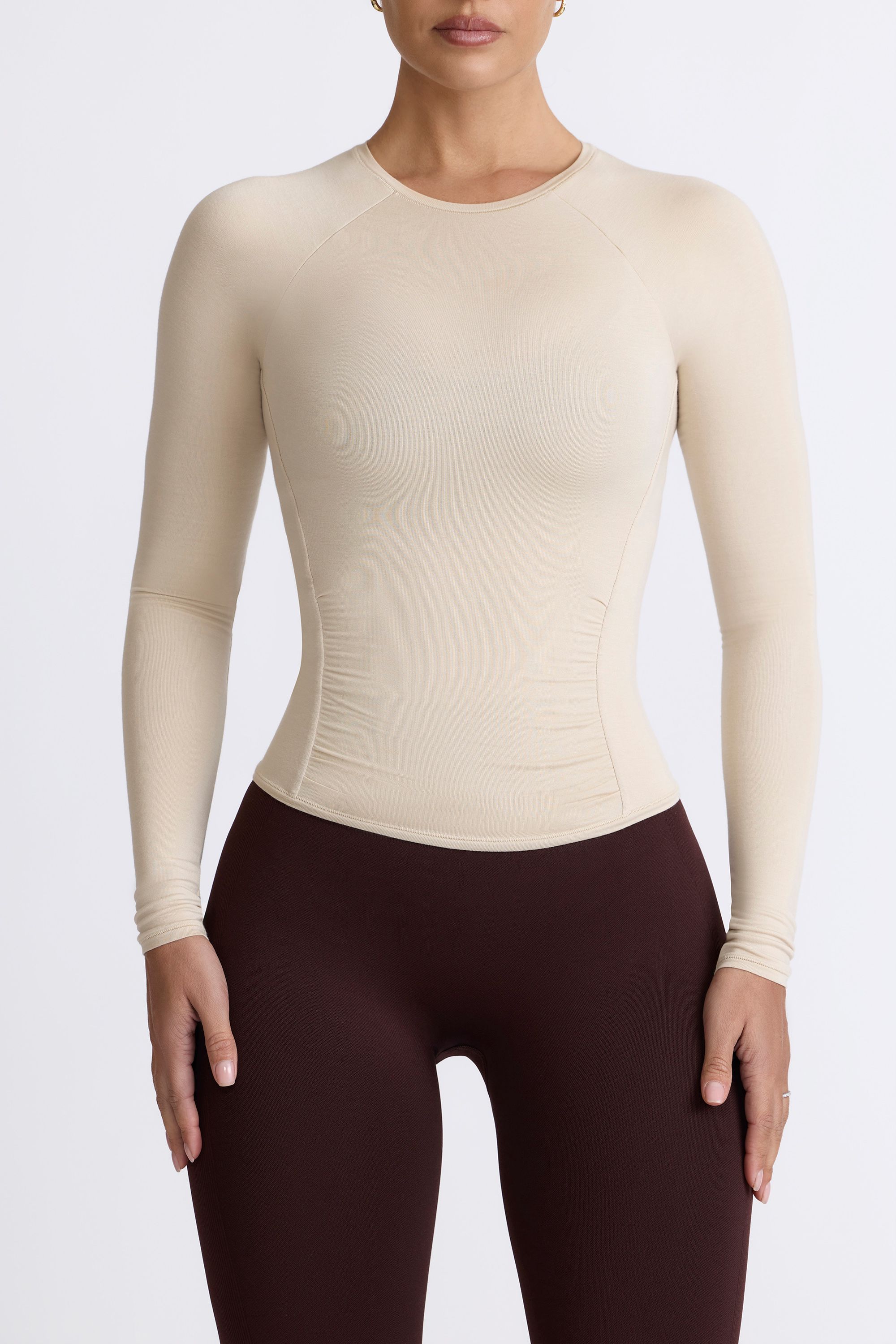 Modal Ruched Long-Sleeve Top in Bone