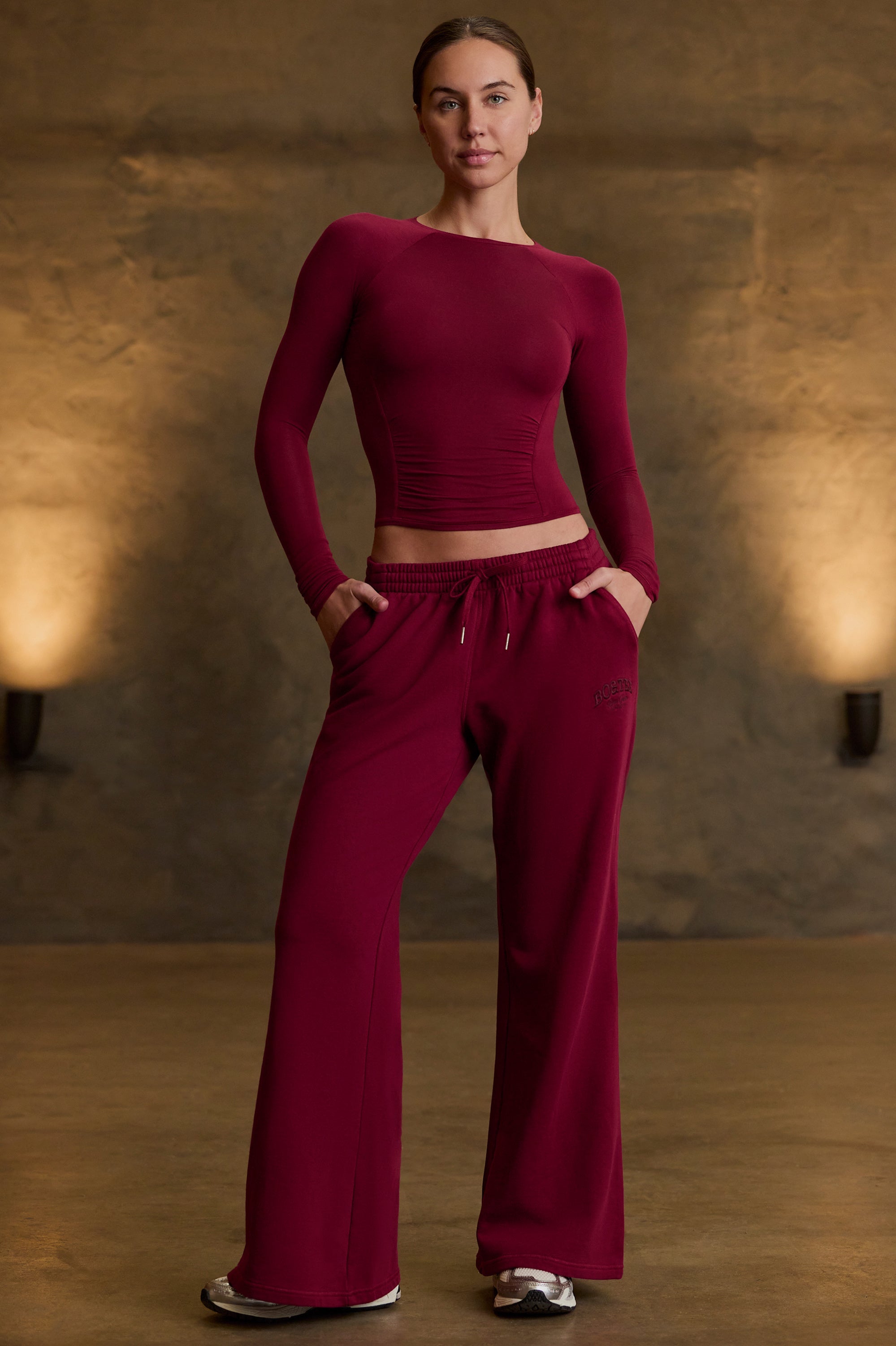 Modal Ruched Long-Sleeve Top in Burgundy