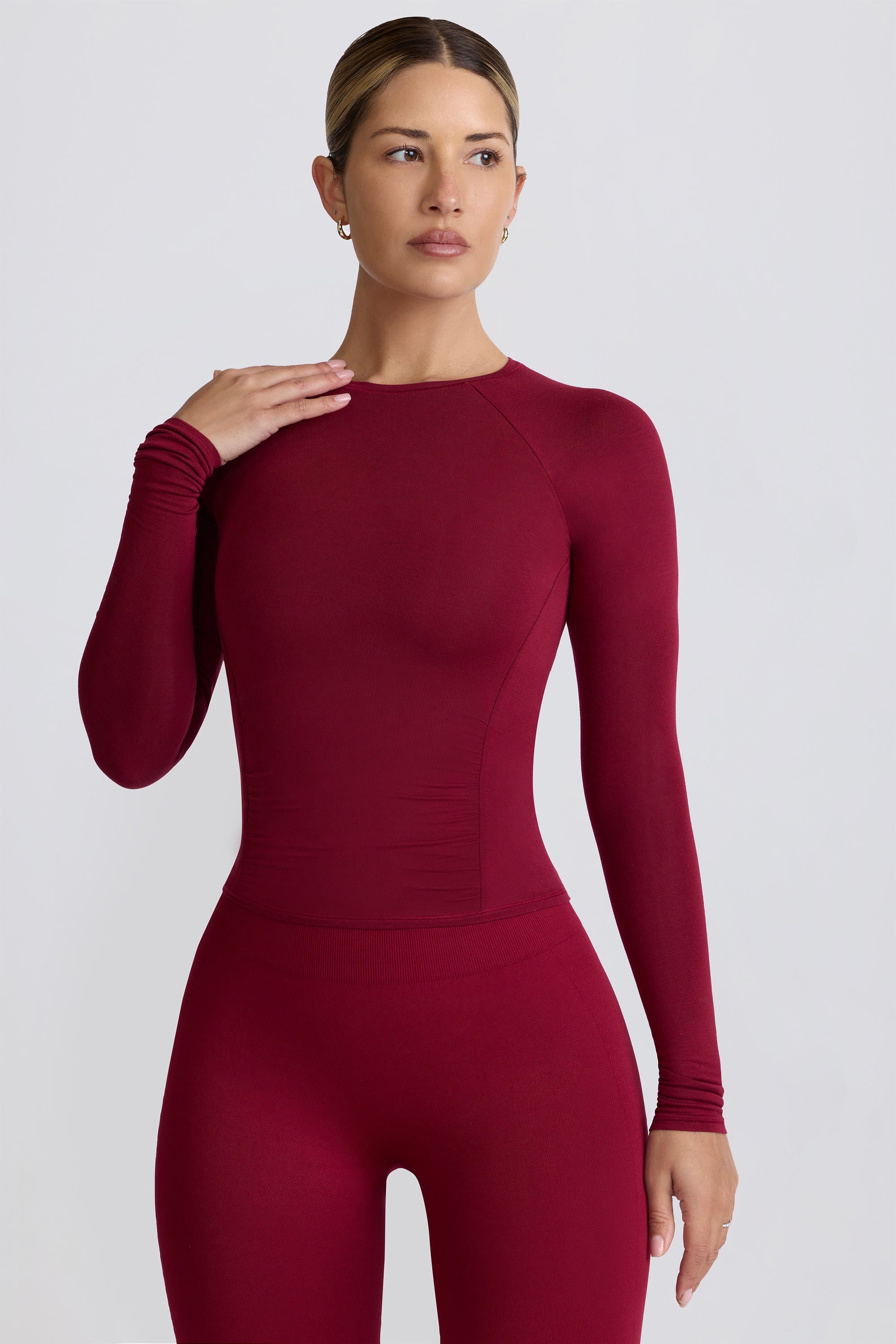 Modal Ruched Long-Sleeve Top in Burgundy