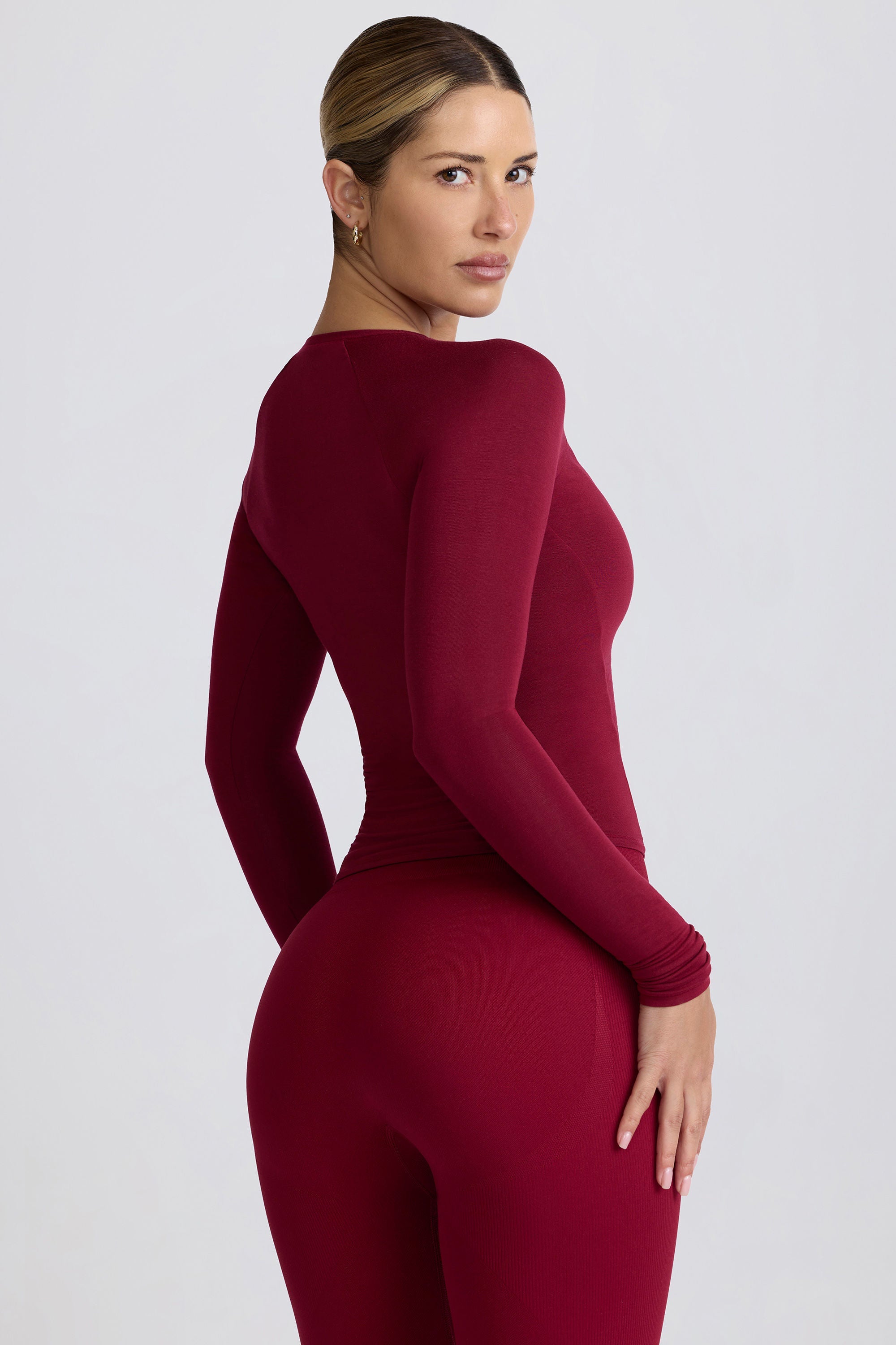 Modal Ruched Long-Sleeve Top in Burgundy