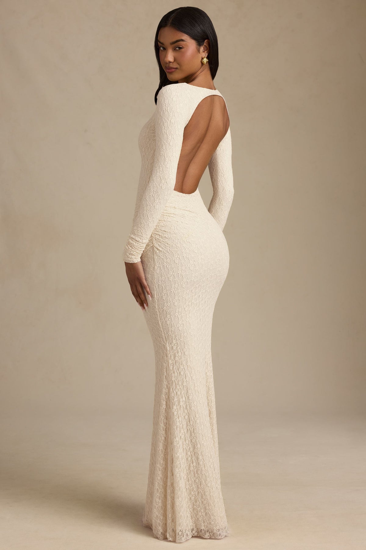 Ruched Backless Lace Maxi Dress in Ivory