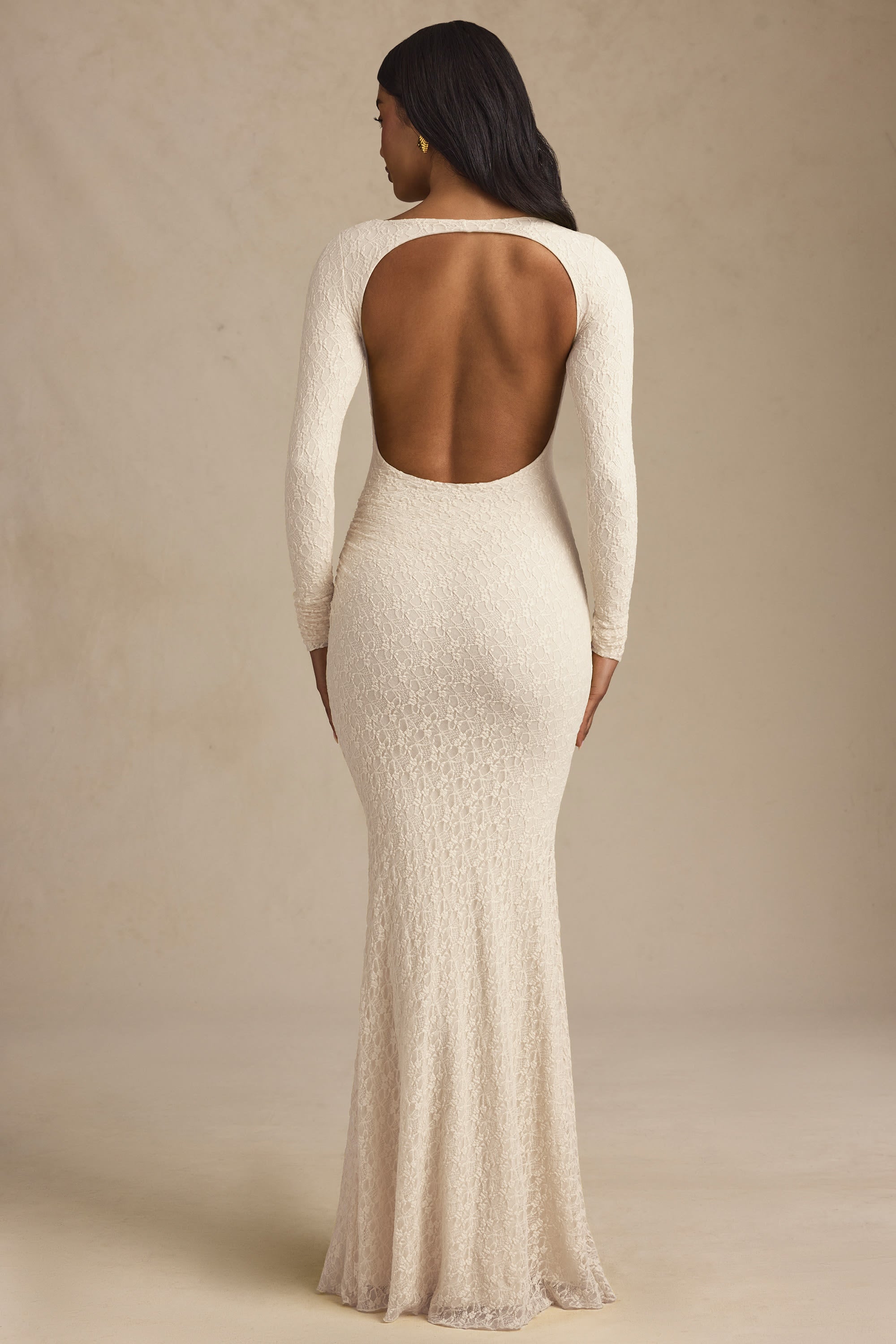 Ruched Backless Lace Maxi Dress in Ivory
