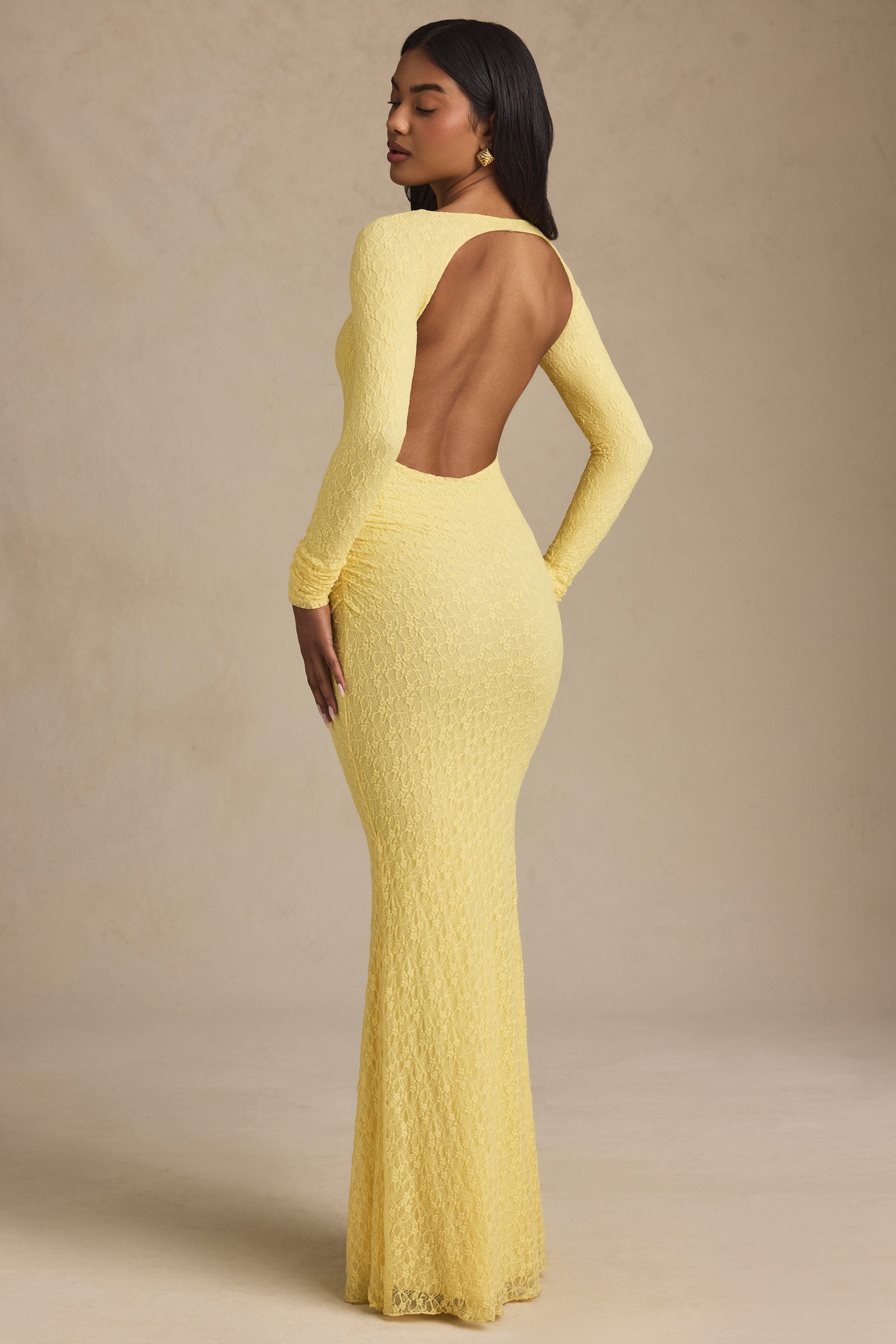 Ruched Backless Lace Maxi Dress in Pastel Yellow