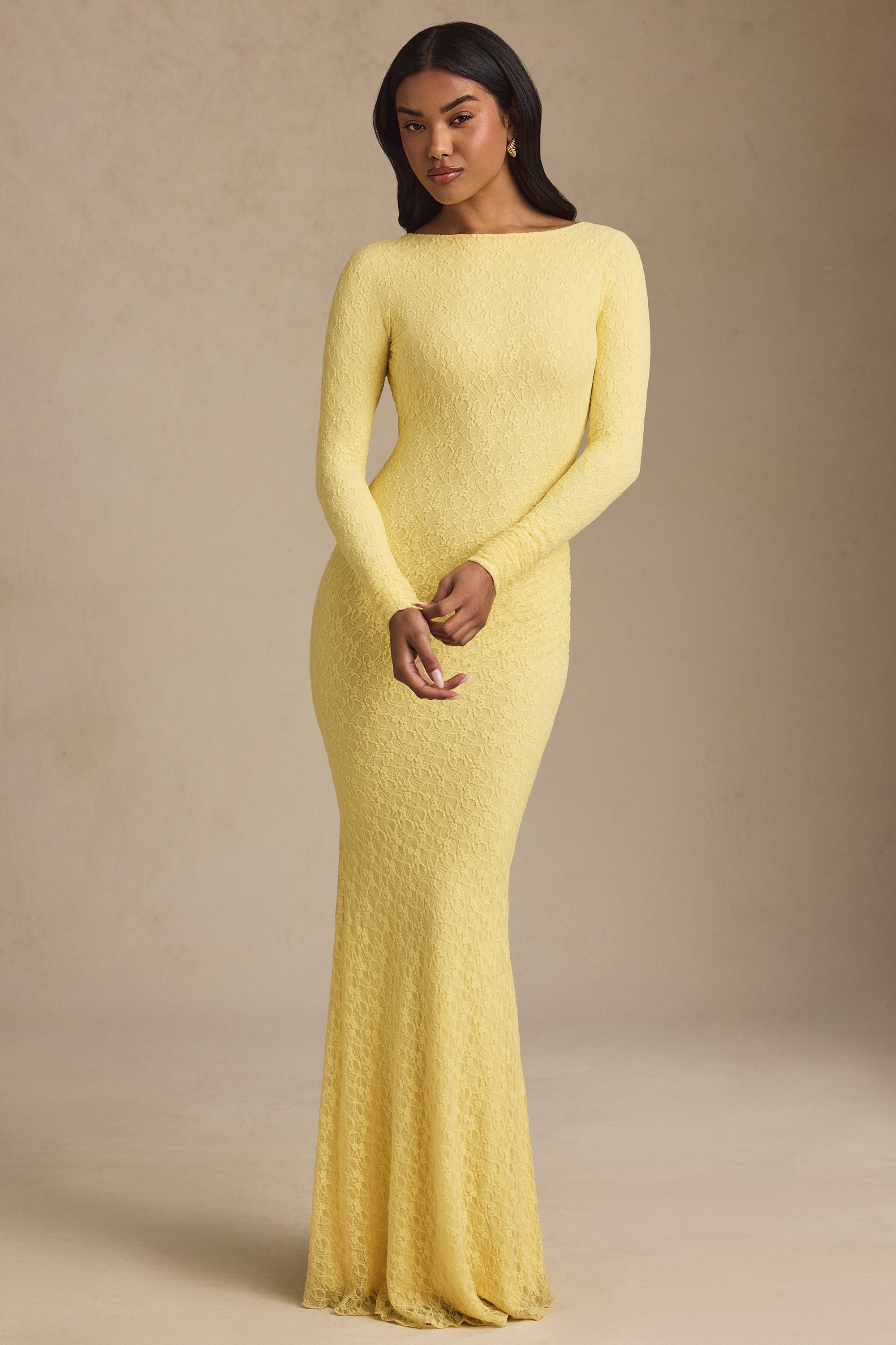Ruched Backless Lace Maxi Dress in Pastel Yellow