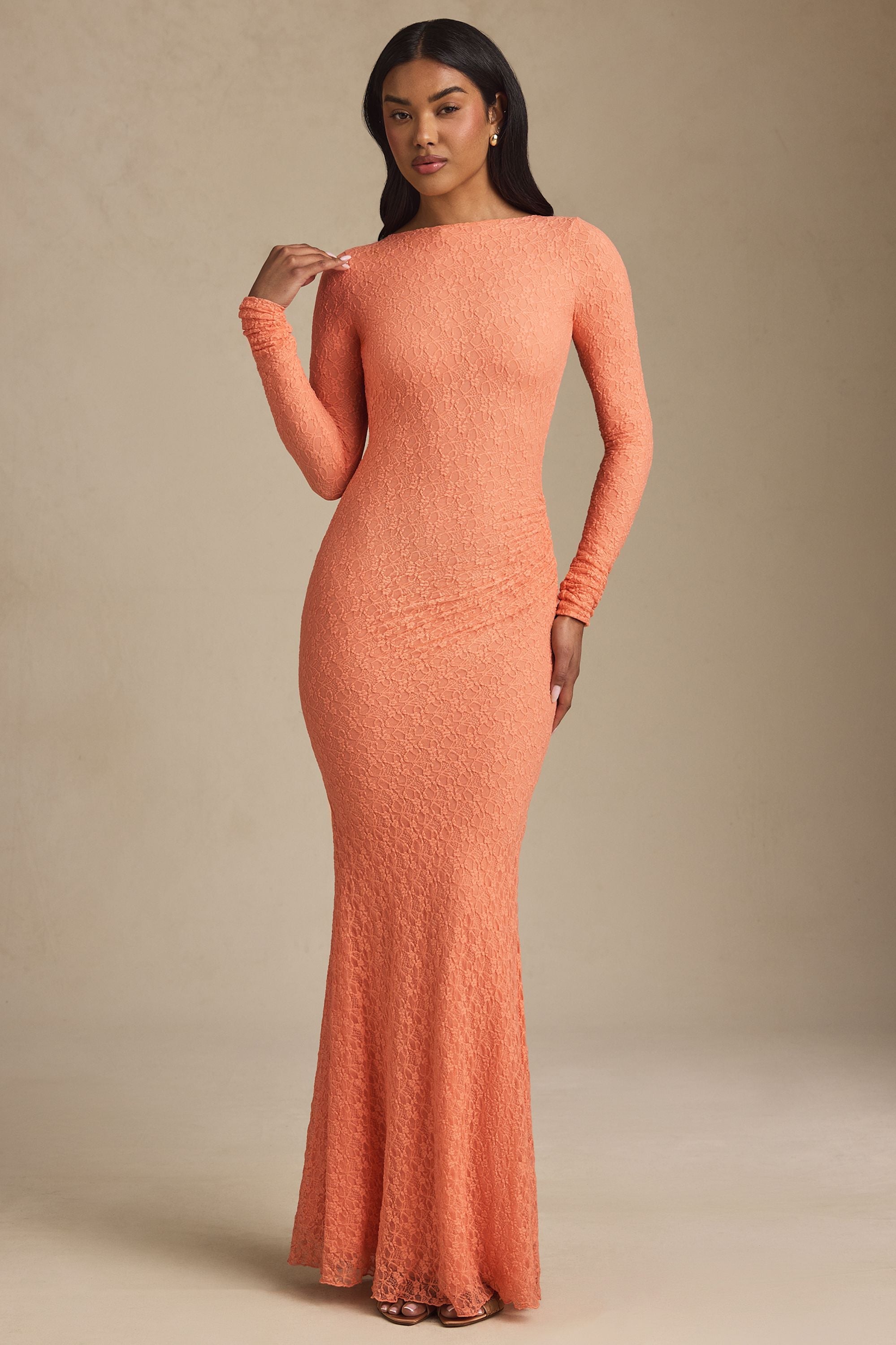 Ruched Backless Lace Maxi Dress in Peach