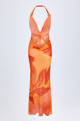 Cowl-Neck Hardware-Detail Maxi Dress in Orange Orchid Print