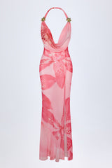 Cowl-Neck Hardware-Detail Maxi Dress in Pink Orchid Print