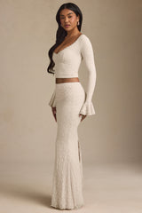 Draped Low-Rise Lace Maxi Skirt in Ivory