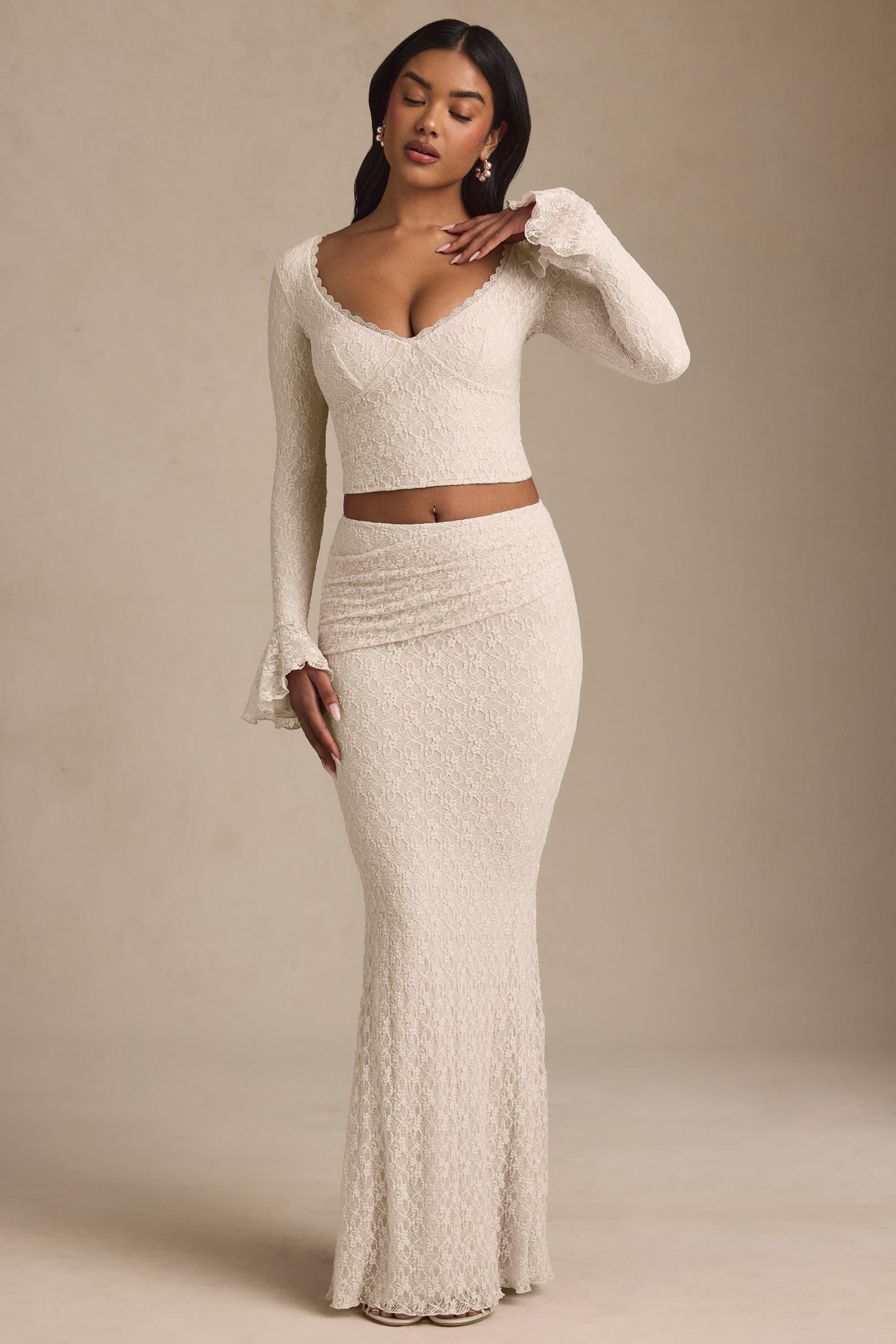 Draped Low-Rise Lace Maxi Skirt in Ivory