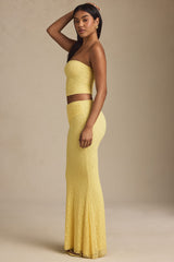 Draped Low-Rise Lace Maxi Skirt in Pastel Yellow