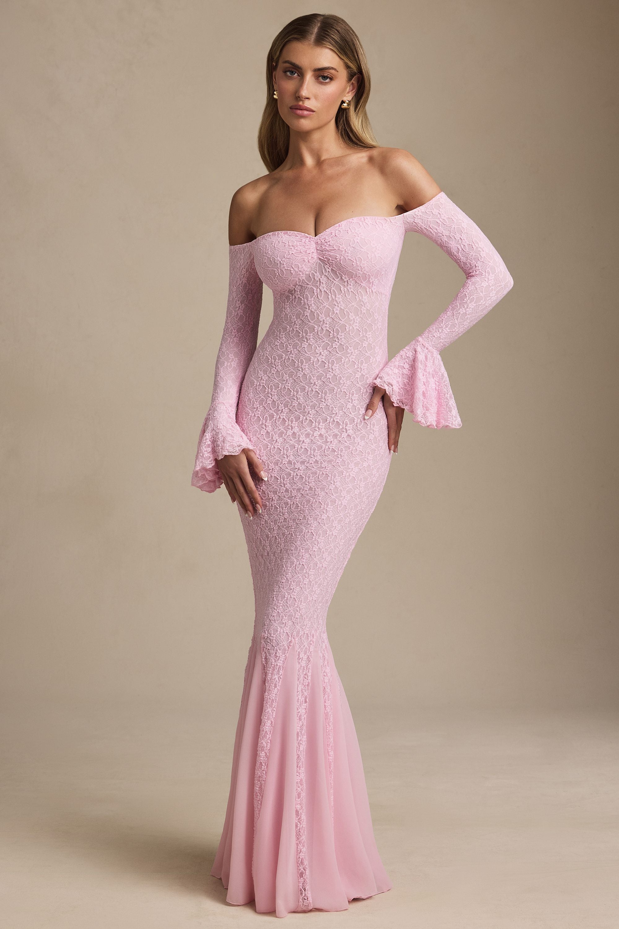 Off-Shoulder Ruffle Lace Maxi Dress in Soft Pink