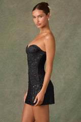 Embellished Sweetheart-Neck A-Line Mini Dress in Black