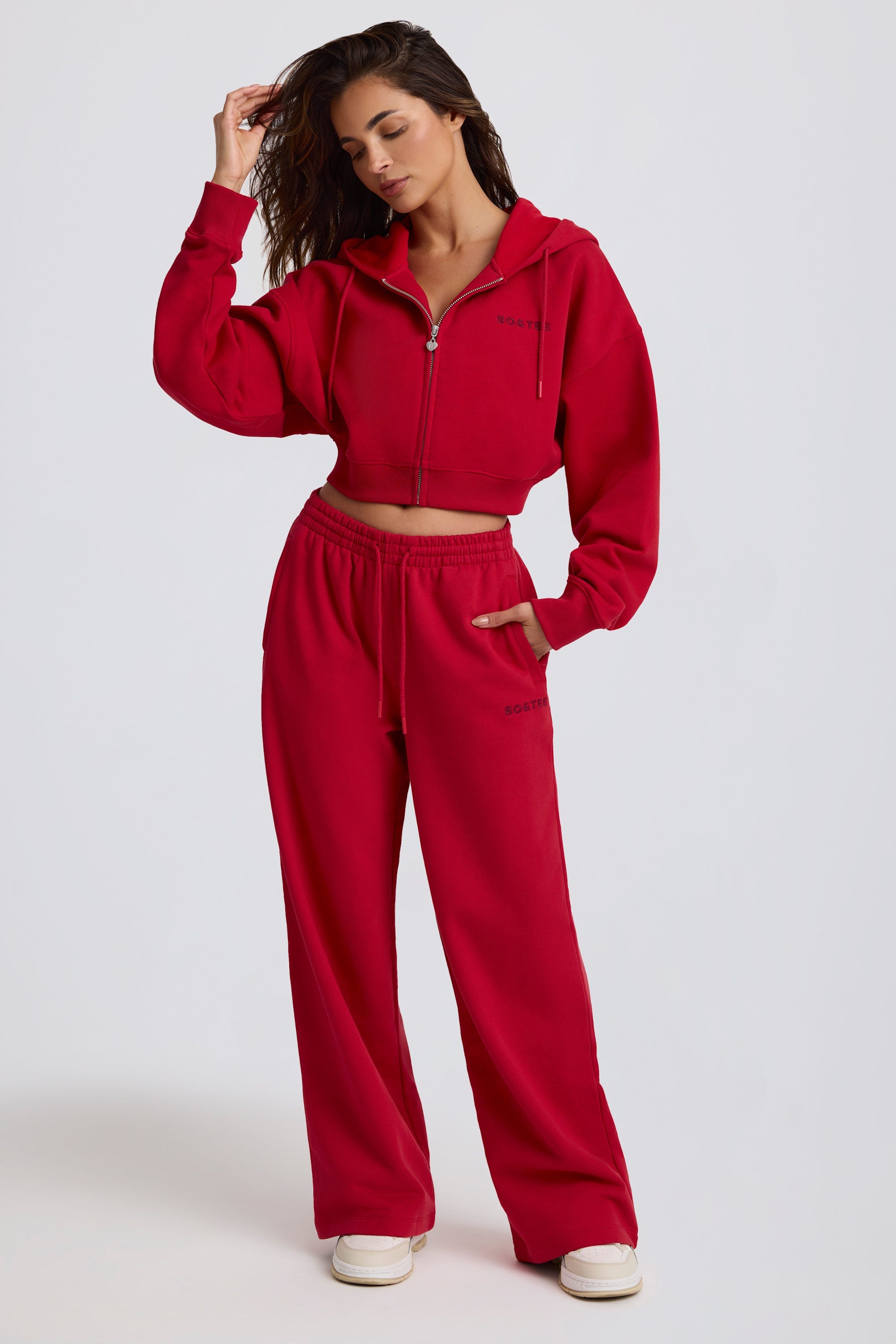 Cropped Zip-Up Hoodie in Hot Red